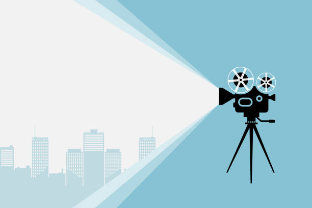 Cinema movie festival poster. Silhouette of vintage cinema camera on a tripod projecting futuristic cityscape. Cinema background. Film festival template for banner, brochure, flyer, poster or tickets. Cinema movie festival poster. Silhouette of vintage cinema camera on a tripod projecting futuristic cityscape. Cinema background. Film festival template for banner, brochure, flyer, poster or tickets scenery video stock illustrations