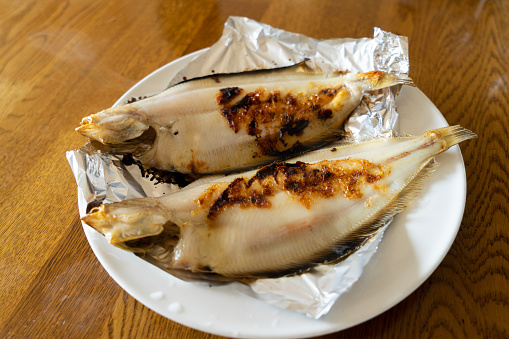 Japanese food. Grilled fish.\nDried flounder overnight.