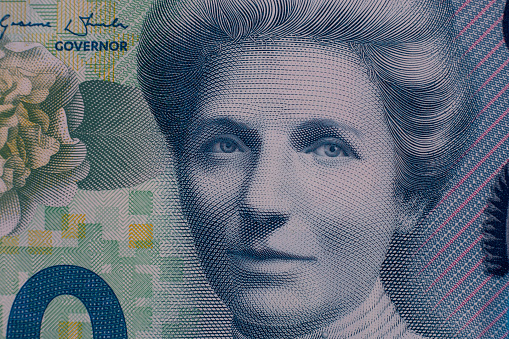 Close up detailed portrait on New Zealand Dollars banknotes