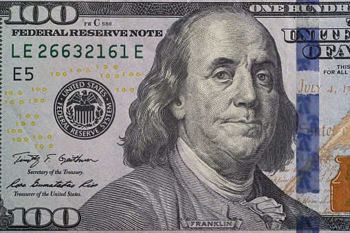 Close up detailed portrait of Franklin on American Dollars banknotes