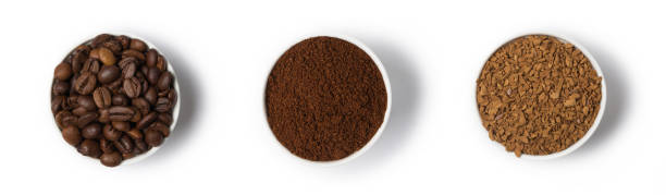 istock Coffee beans, grinded coffee and granulated coffee isolated on white 1289899162