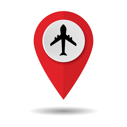 Red map pin with icon of airplane isolated on white background. Vector illustration. Eps 10