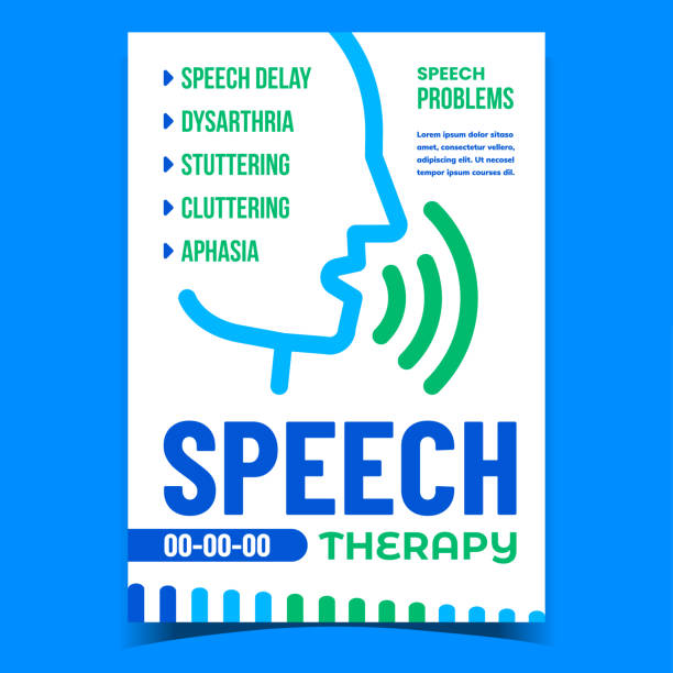 ilustrações de stock, clip art, desenhos animados e ícones de speech therapy and problem promo poster vector - glitch stutter