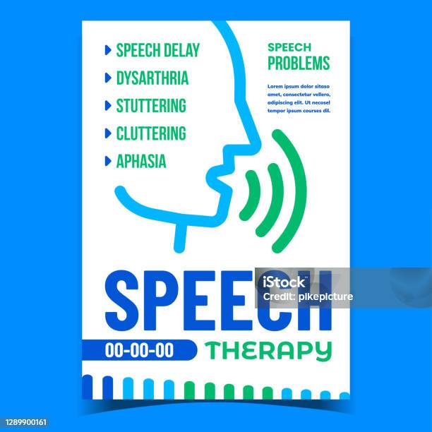 Speech Therapy And Problem Promo Poster Vector - Arte vetorial de stock e mais imagens de Gaguez - Estado médico - Gaguez - Estado médico, Autocolante, Brochura