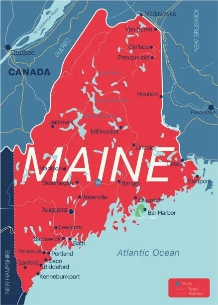 Vector illustration of Maine state detailed editable map