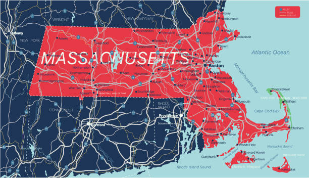 Mapa editable detallado del estado de Massachusetts - ilustración de arte vectorial