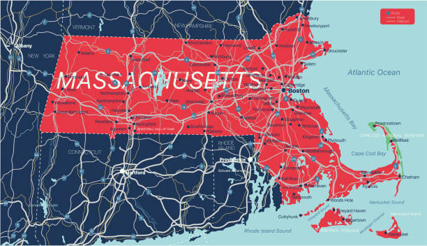 Massachusetts state detailed editable map Massachusetts state detailed editable map with cities and towns, geographic sites, roads, railways, interstates and U.S. highways. Vector EPS-10 file, trending color scheme massachusetts map stock illustrations