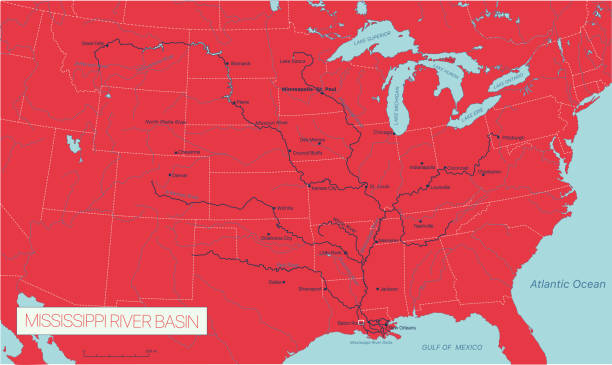 mississippi river basin w usa szczegółowe edytowalne mapa wektorowa - map gulf of mexico cartography usa stock illustrations