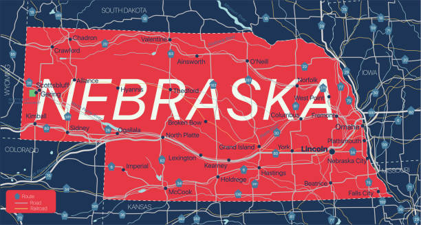 ilustraciones, imágenes clip art, dibujos animados e iconos de stock de mapa editable detallado del estado de nebraska - nebraska omaha nebraska map road