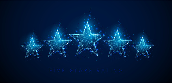 5  stars raiting. Abstract blue stars. Low poly style design. Abstract geometric background. Wireframe light connection structure. Modern 3d graphic concept. Isolated vector illustration.