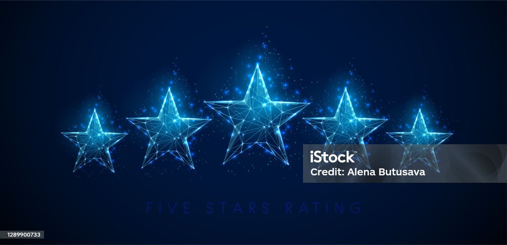 Low poly 5  stars raiting. Abstract blue stars. 5  stars raiting. Abstract blue stars. Low poly style design. Abstract geometric background. Wireframe light connection structure. Modern 3d graphic concept. Isolated vector illustration. Award stock vector