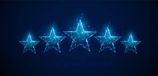 Low poly 5  stars raiting. Abstract blue stars. 5  stars raiting. Abstract blue stars. Low poly style design. Abstract geometric background. Wireframe light connection structure. Modern 3d graphic concept. Isolated vector illustration. quality stock illustrations