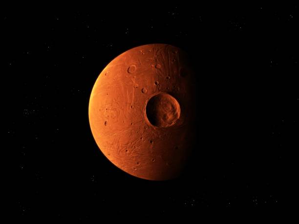 istock Red stone planet, covered with craters in space and stars. 1289901689