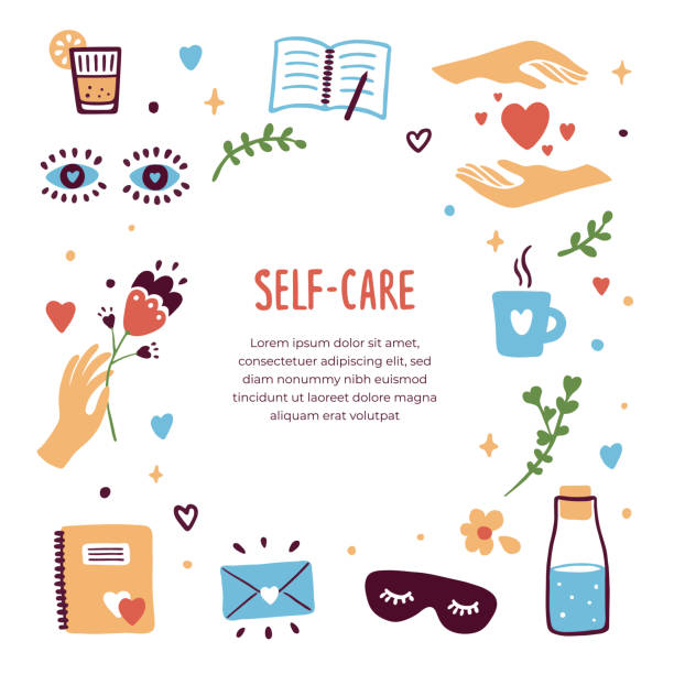 Template with self care vector icons illustrations and text Self care template, isolated vector icons and text. Love yourself, relax concept. Diary, letter, sleeping mask, female hands with flower, hearts, bottle of water. Stickers, blog mockup, illustration self love stock illustrations
