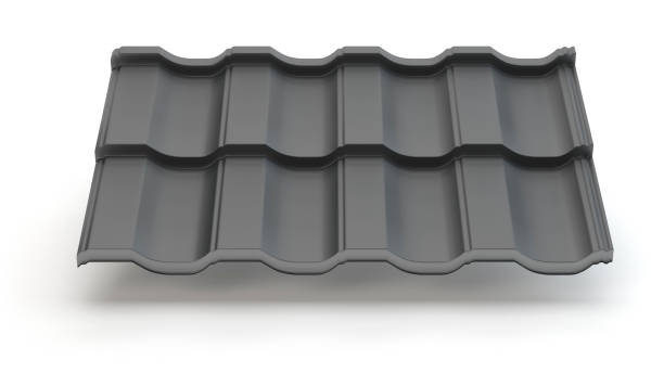 istock Steel tile isolated on white. Roof material 1289904424