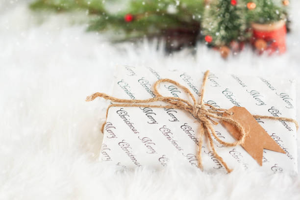 завернутый рождественский подарок связан с коричневым шпагатом - snow bound стоковые фото и изображения