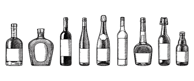 Assorted alcohol bottles sketches: whisky, cognac, wine, champagne, vodka, calvados, beer.