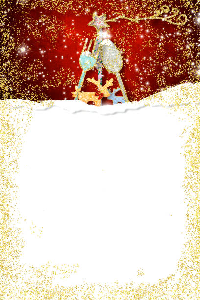 Christmas menu border background invites. Spoon, fork, knife forming a Christmas tree, made with fabric cutouts and gold glitter, blank space to write the Christmas menu or cooking recipes. Vertical format.