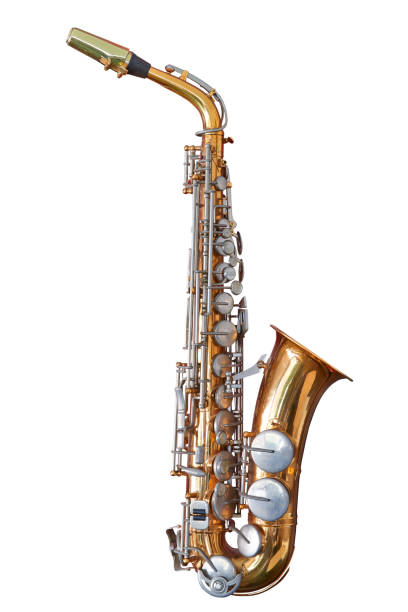 istock Old and well used saxophone isolated on white 1289909827