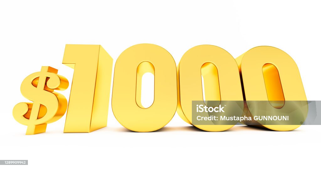 golden 1000$ one thousand price symbol isolated on white background. 3d render of golden 1000$ one thousand price symbol isolated on white background. Number 1000 Stock Photo