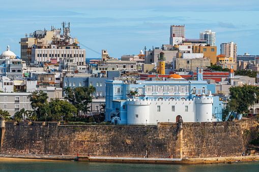 Old San Juan, Puerto Rico cityscape on the water in the Caribbean.