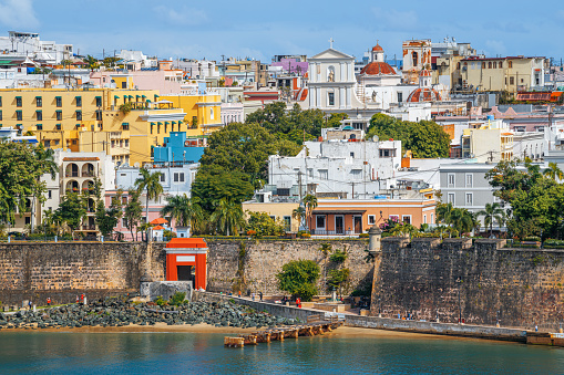 Old San Juan, Puerto Rico cityscape on the water in the Caribbean.