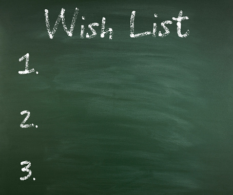 Front view wish list items written on the blackboard with copy space