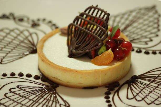 Close up view of beautiful elegant sweet dessert served on the plate.