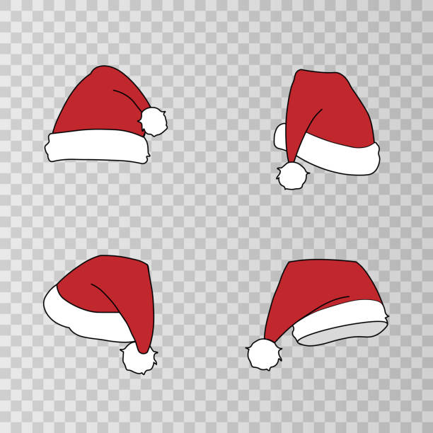 illustrations, cliparts, dessins animés et icônes de ensemble vectoriel des chapeaux de noël. casquettes rouges png. décorations de noël. chapeau de père noël. image de noël. - chapeau de père noël