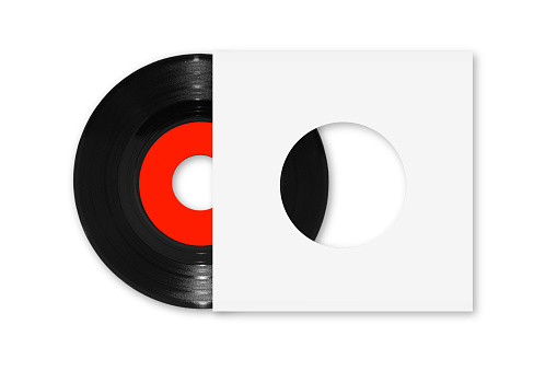 A 45rpm single vinyl record with red label and white sleeve on white with clipping path