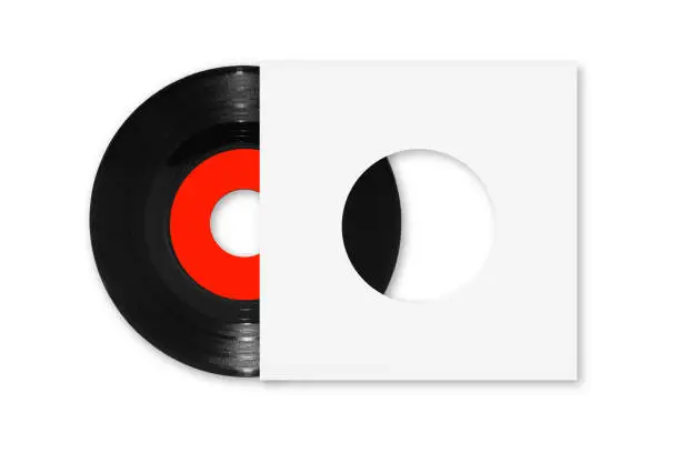 A 45rpm single vinyl record with red label and white sleeve on white with clipping path