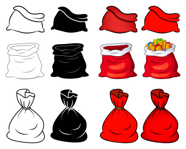 ilustrações de stock, clip art, desenhos animados e ícones de santa sack set. collection of santa claus bag. empty and tied up. red, outline and silhouette. vector present package isolated on white background. christmas cartoon drawing. xmas  illustration. - sack