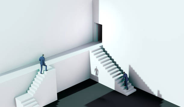 istock 3D render illustration, Businessman running on stairs towards success in abstract environment represents solving the problems, finding the right way, advisory, competition and achievement 1289918652