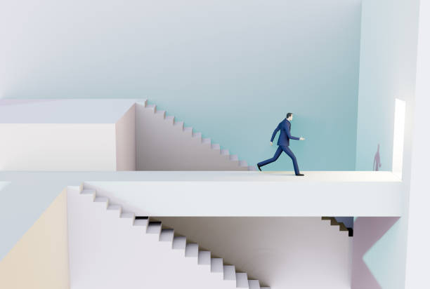 istock 3D render illustration, Businessman running on stairs towards success in abstract environment represents solving the problems, finding the right way, advisory, competition and achievement 1289918706