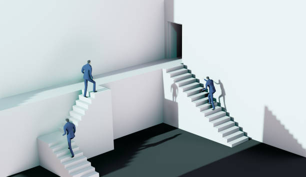 istock 3D render illustration, Business people running on stairs towards success in abstract environment represents solving the problems, finding the right way, advisory, competition and achievement 1289918708