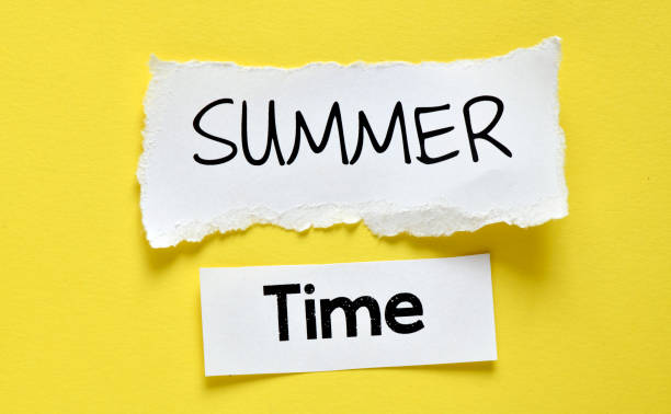 istock The word Summer time on a white sheet and yellow background. Time for vacation. 1289920958
