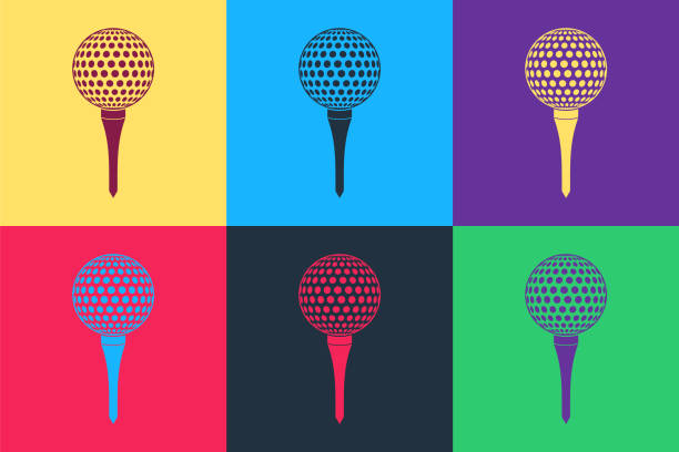 illustrazioni stock, clip art, cartoni animati e icone di tendenza di pop art pallina da golf sull'icona del tee isolata su sfondo a colori. vettore - golf golf club sport golf ball