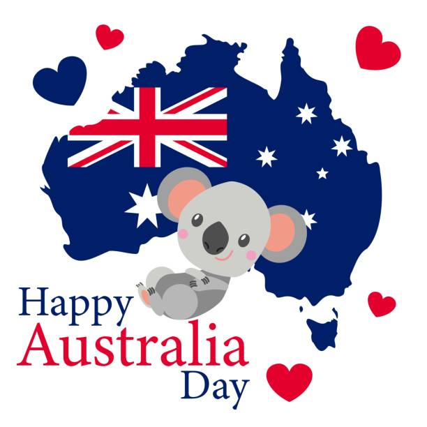 아기 코알라거짓말과 미소. 플랫 만화 스타일. 재미 있고 귀엽다. 호주 국기. 지도의 모양입니다. 빨간색과 파란색 하트. 1월 26일. 엽서 및 포스터용 템플릿입니다. 해피 오스트레일리아의 날 - koala australian culture cartoon animal stock illustrations