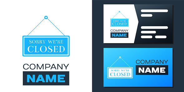 Logotype Hanging sign with text Sorry we're closed icon isolated on white background. Logo design template element. Vector.