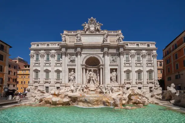 Trevi Fountain in city of Rome, Italy, Baroque architecture, world famous city landmark from 1762.