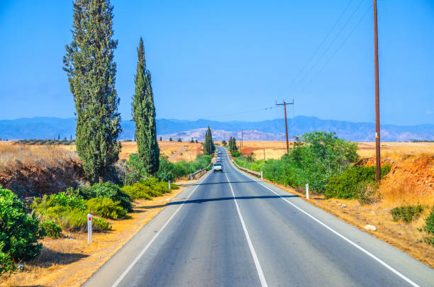 paesaggio di cipro con veicoli per auto che guidano strada asfaltata nella valle con campi gialli secchi, cipressi e pali lungo la strada - arid climate asphalt barren blue foto e immagini stock