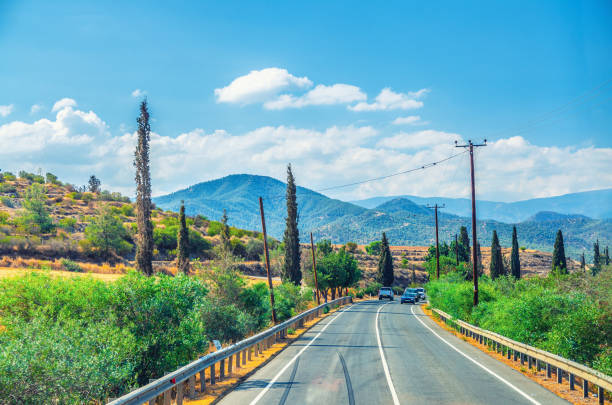 paesaggio di cipro con veicoli per auto che guidano strada asfaltata nella valle con campi gialli secchi, cipressi e pali lungo la strada - arid climate asphalt barren blue foto e immagini stock