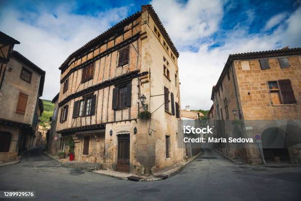 Traditional Medieval Halftimbered Buildings In The Main Square Of Aletlesbains A French Town Stock Photo - Download Image Now