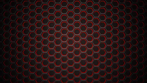 Photo of Black stainless steel hexagonal mesh background with red neon glowing light. 3d technological hexagonal illustration.