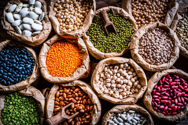 large variety of dried beans and legumes shot from above - fava bean bean seed imagens e fotografias de stock