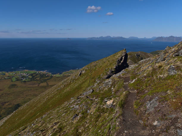 exposed hiking trail on steep mountain edge surrounded by rocks and grass with beautiful panoramic view over the norwegian sea on the northern coast of austvågøya island, lofoten, norway. - hiking coastline waters edge sunny imagens e fotografias de stock