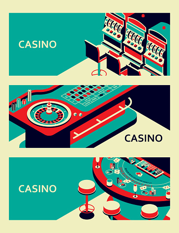 Set of casino banners. Roulette table, slot machine and black jack. Vector illustration.