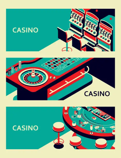 Vector illustration of Set of casino banners. Roulette table, slot machine and black jack