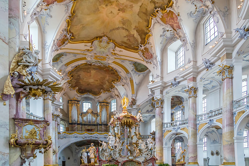 Basilica of the Fourteen Holy Helpers, Germany.  The late Baroque-Rococo basilica, designed by Balthasar Neumann, was constructed between 1743 and 1772. Interior