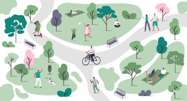 park People Characters Walking in Urban Park. Men and Women relaxing in Nature, making Sport, walking with Dog and doing other Outdoor Leisure Activity. Flat Cartoon Vector Illustration. cartoon of the summer for kids stock illustrations